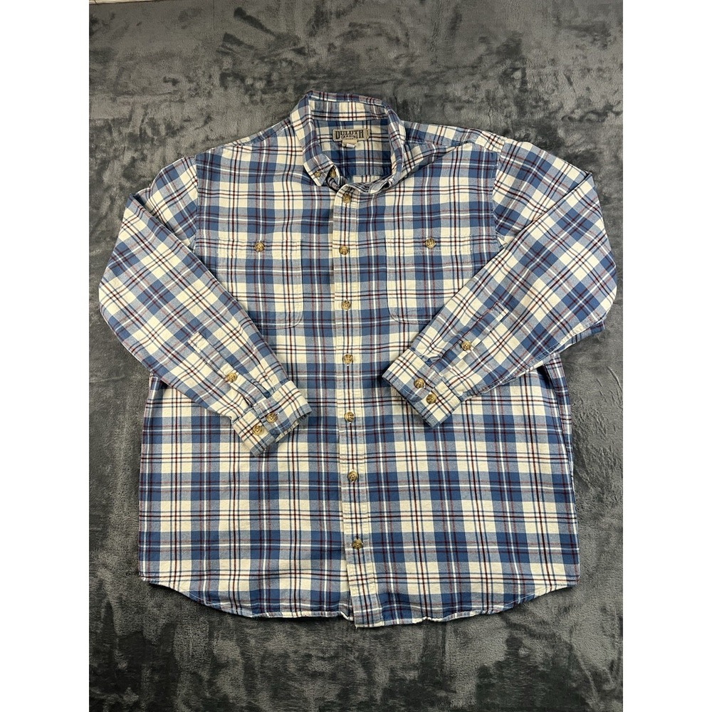 Duluth Trading Co Free Swingin Flannel Shirt Mens XL Tall Relaxed Fit Plaid Blue